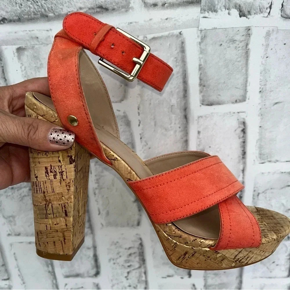 Mix No. 6 Latika Women Open Toe Orange Platform Chunky Heel Sandal. Size: 8